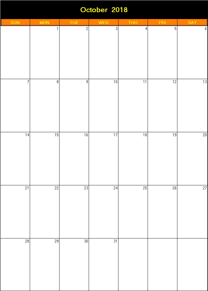 printable blank calendar image for Halloween 2018