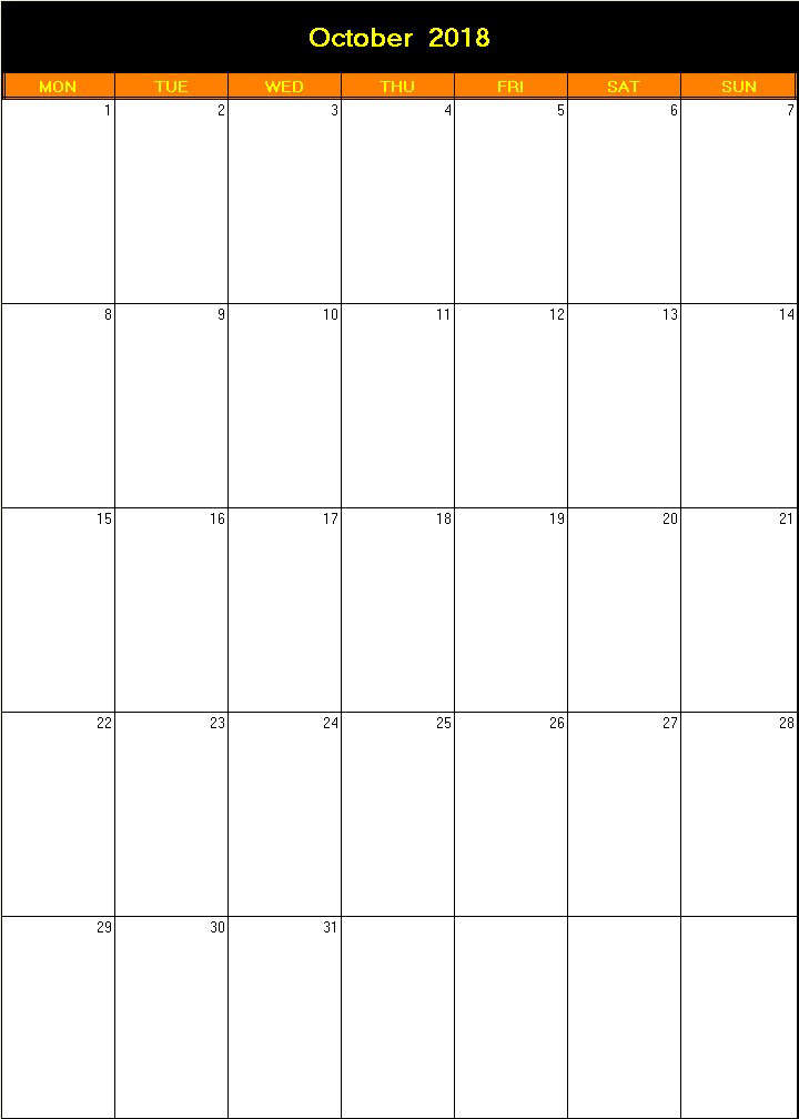 printable blank calendar image for Halloween 2018