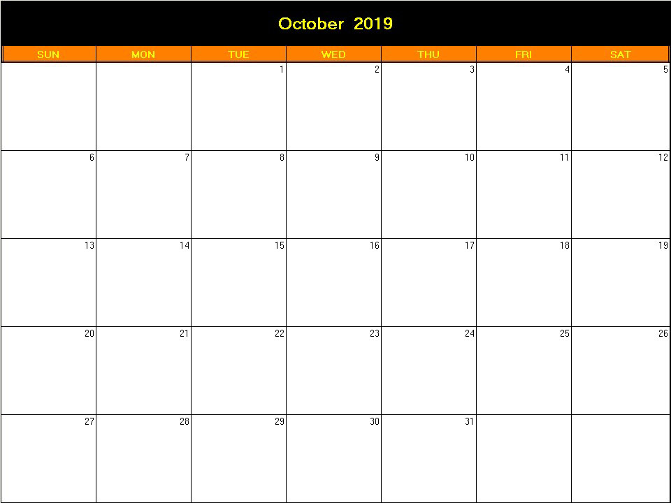 printable blank calendar image for Halloween 2019
