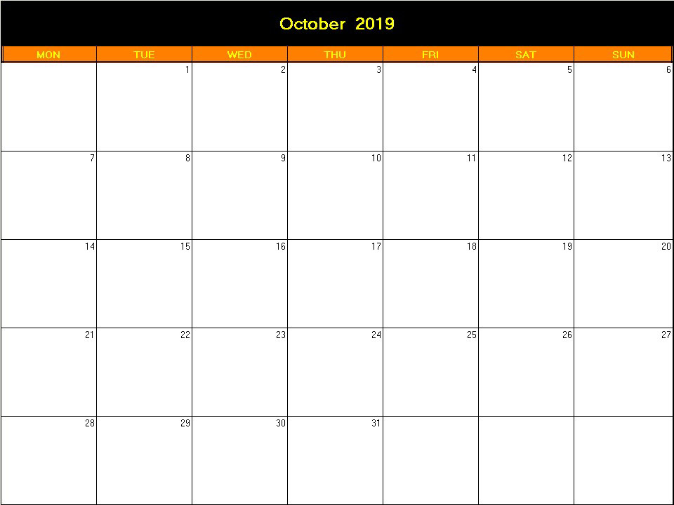 printable blank calendar image for Halloween 2019