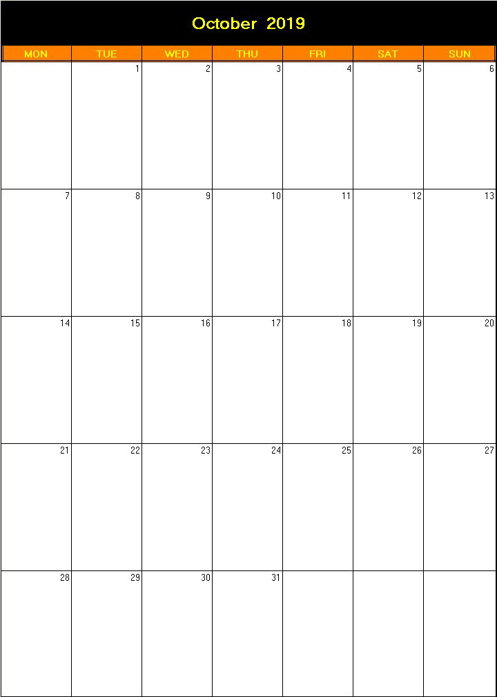 printable blank calendar image for Halloween 2019