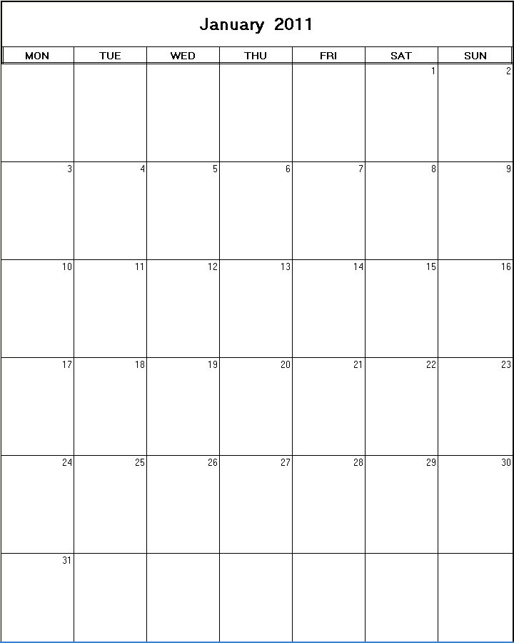 printable blank calendar image for January 2011
