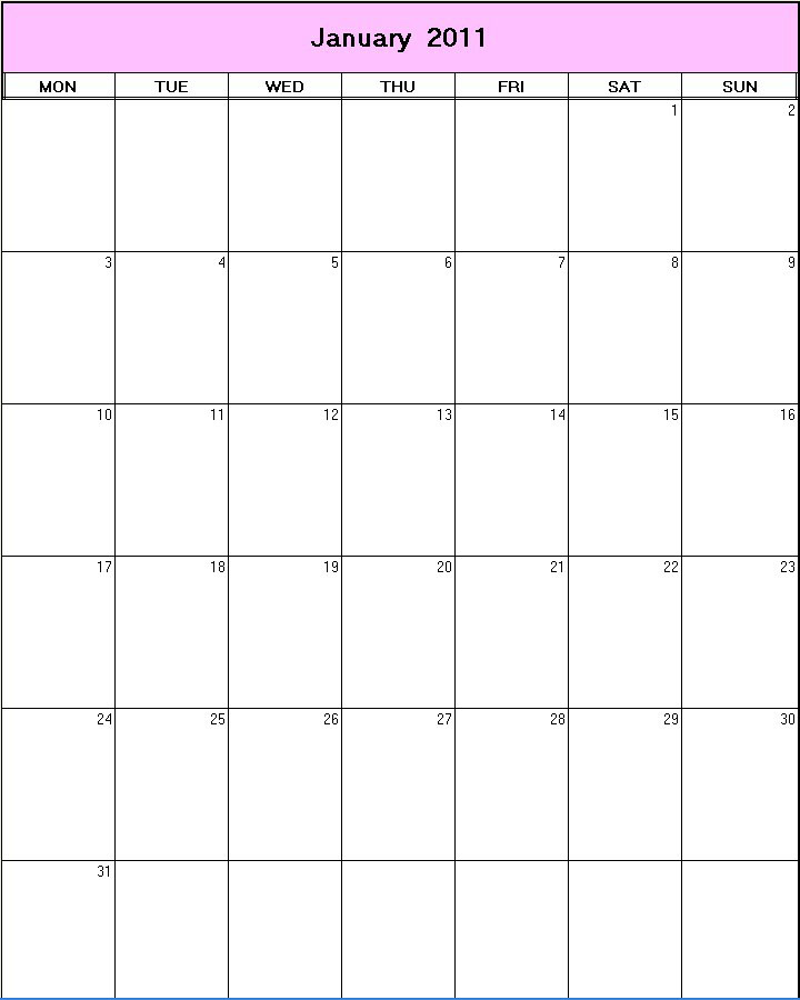 printable blank calendar image for January 2011