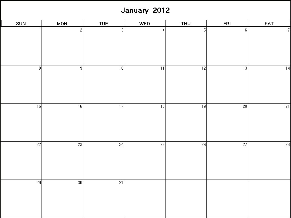 printable blank calendar image for January 2012