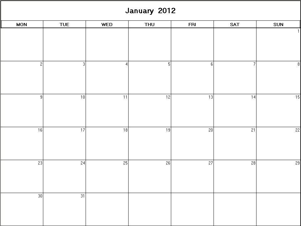 printable blank calendar image for January 2012