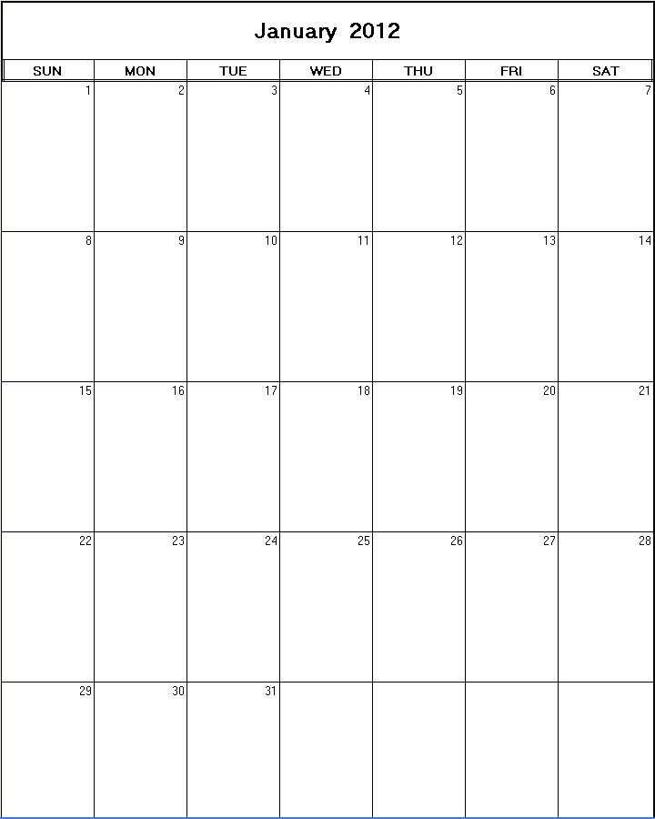 printable blank calendar image for January 2012