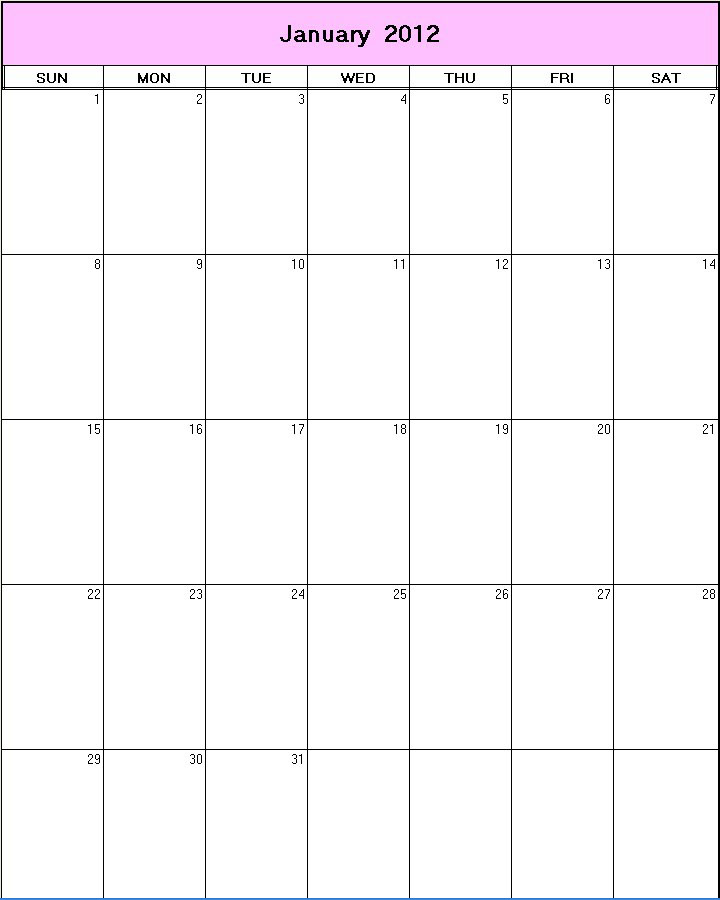 printable blank calendar image for January 2012