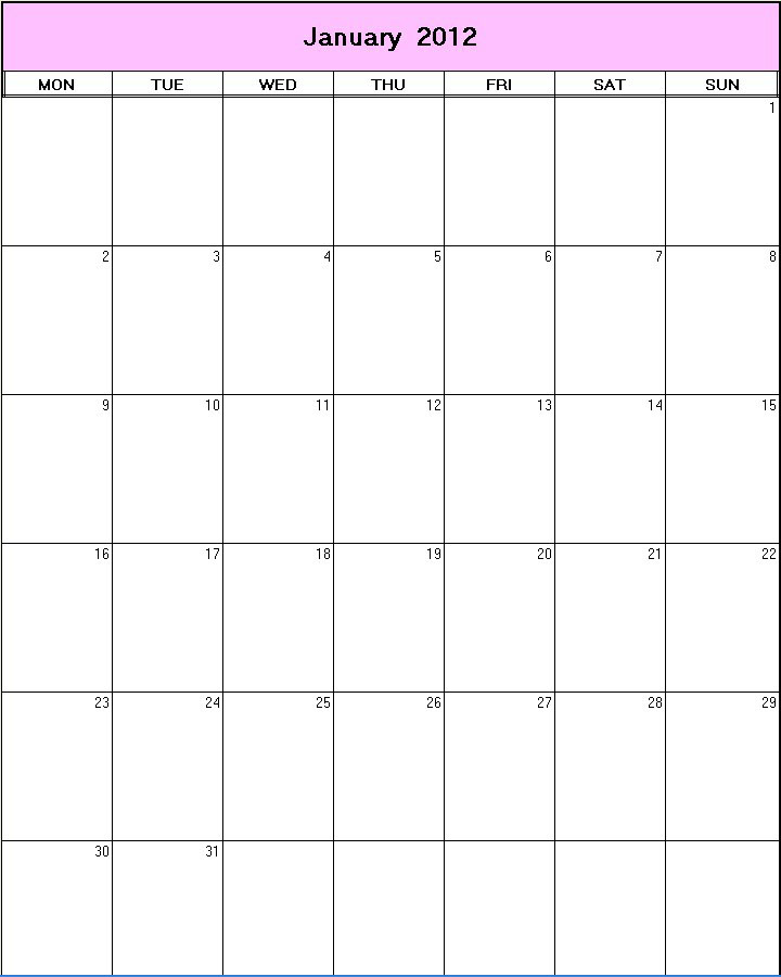 printable blank calendar image for January 2012