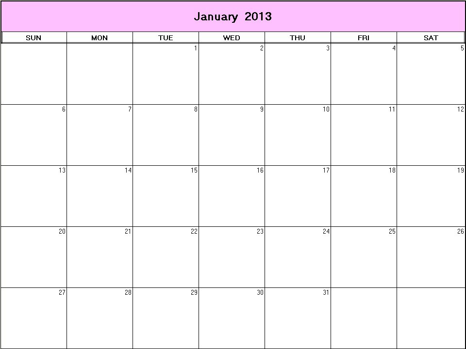 printable blank calendar image for January 2013
