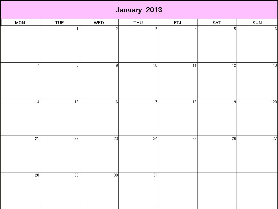 printable blank calendar image for January 2013