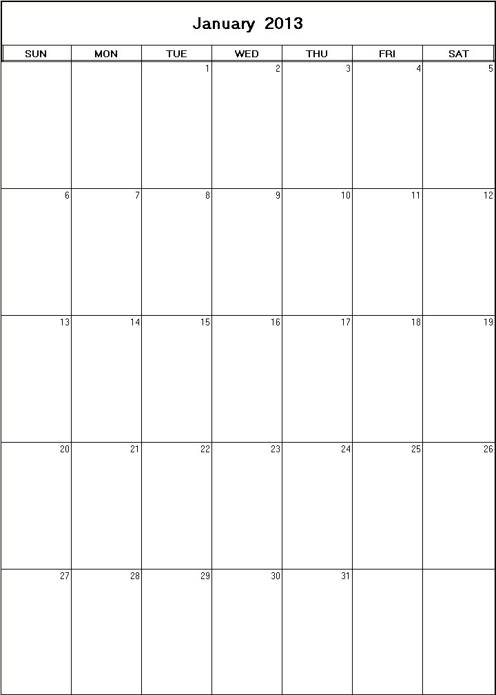 printable blank calendar image for January 2013