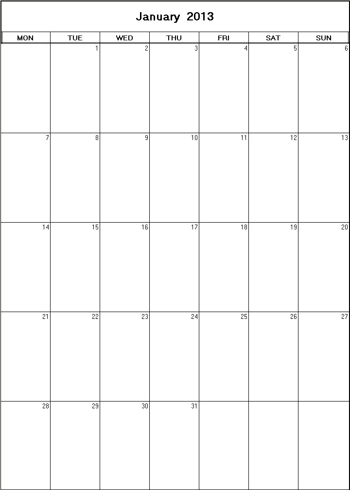 printable blank calendar image for January 2013