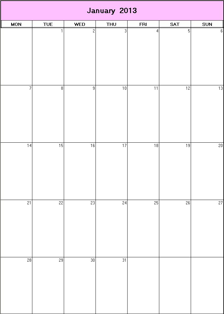 printable blank calendar image for January 2013