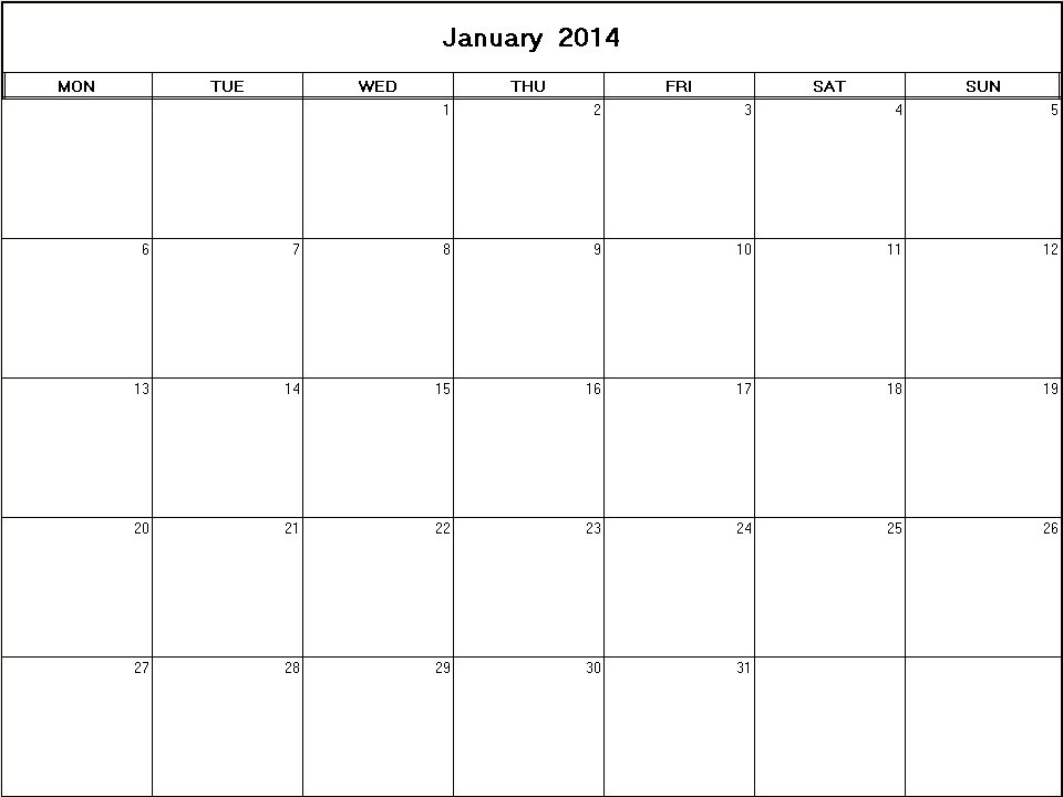 printable blank calendar image for January 2014