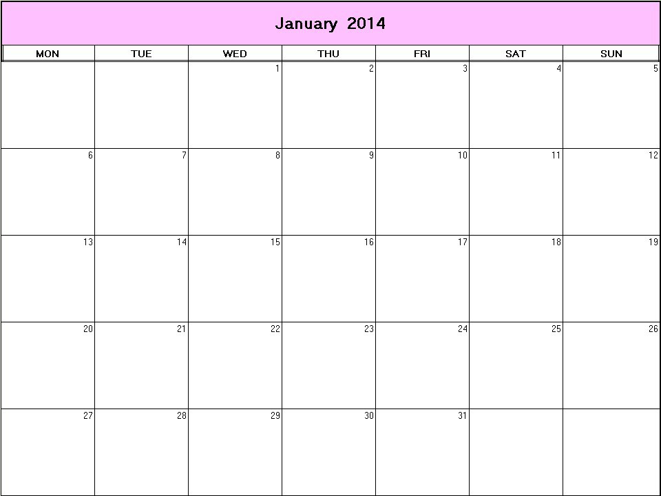 printable blank calendar image for January 2014