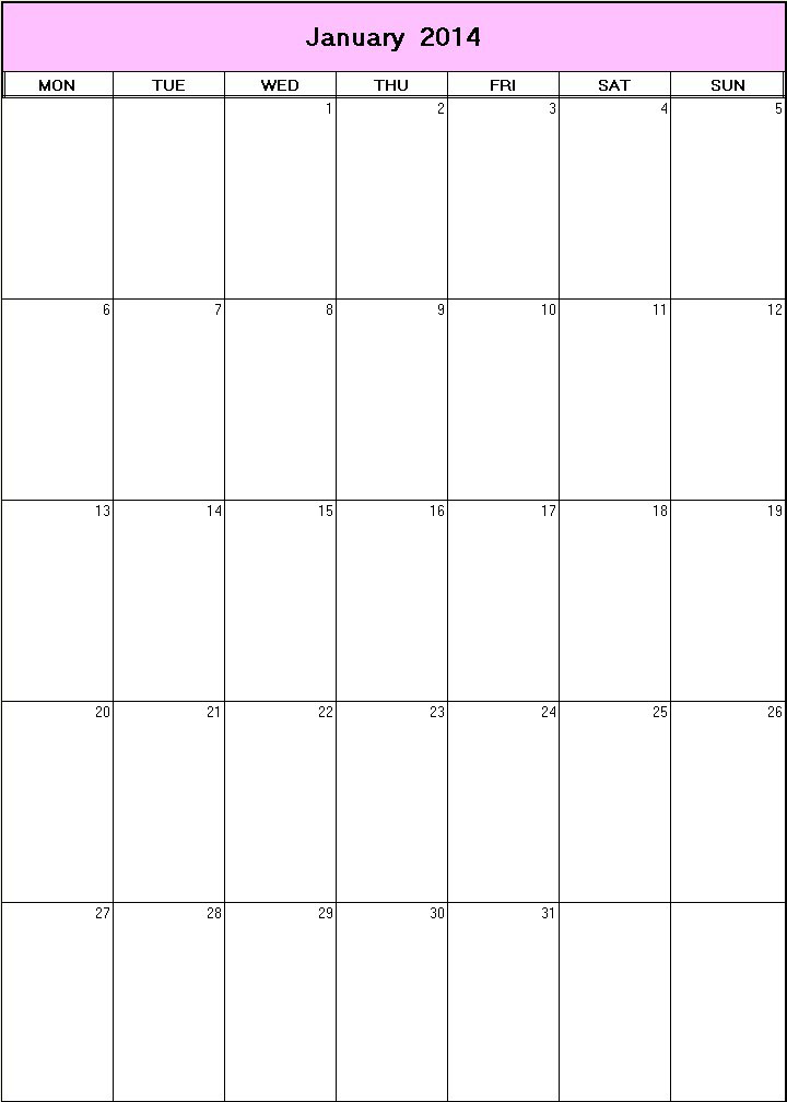 printable blank calendar image for January 2014