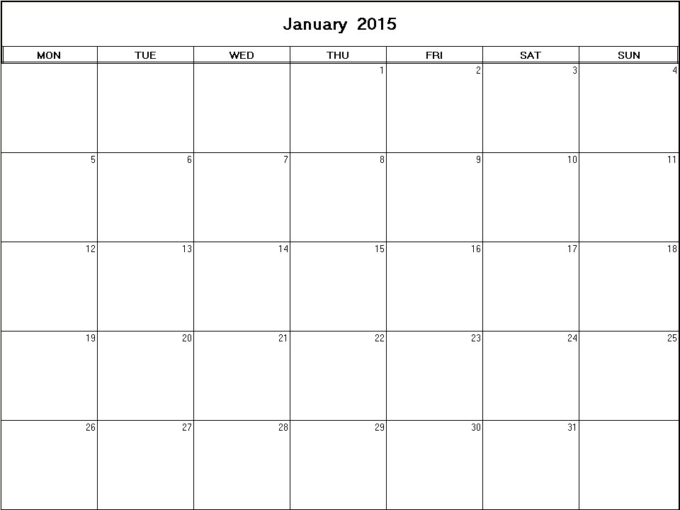 printable blank calendar image for January 2015