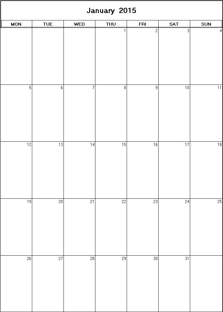 printable blank calendar image for January 2015