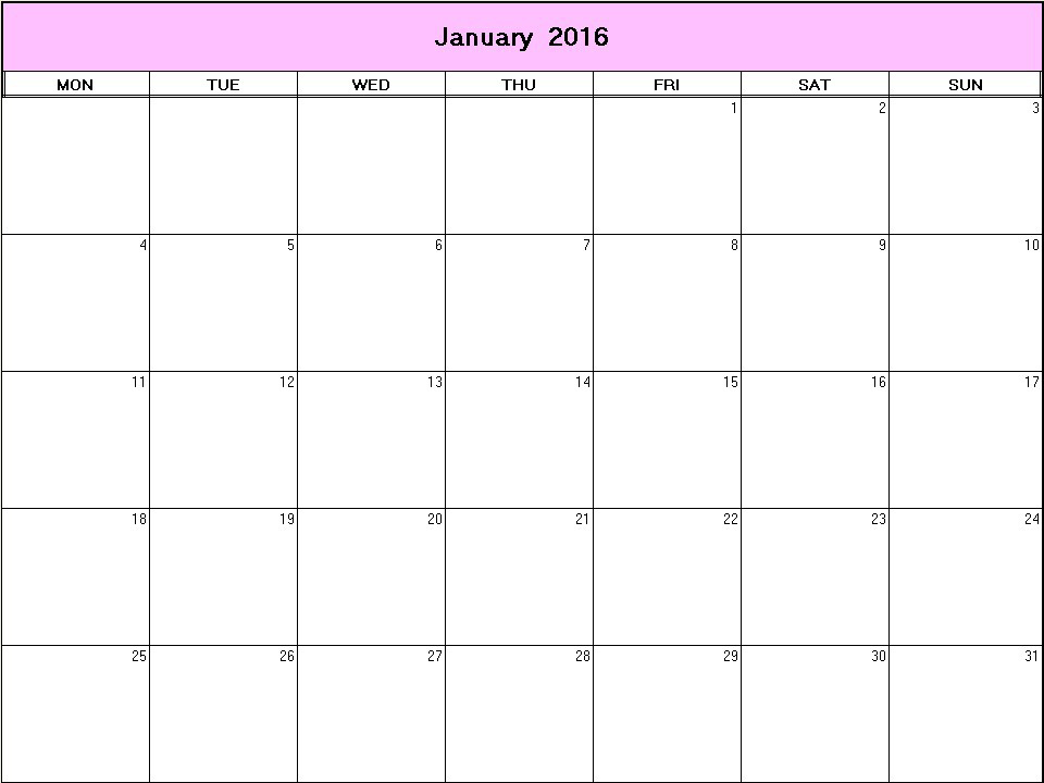 printable blank calendar image for January 2016