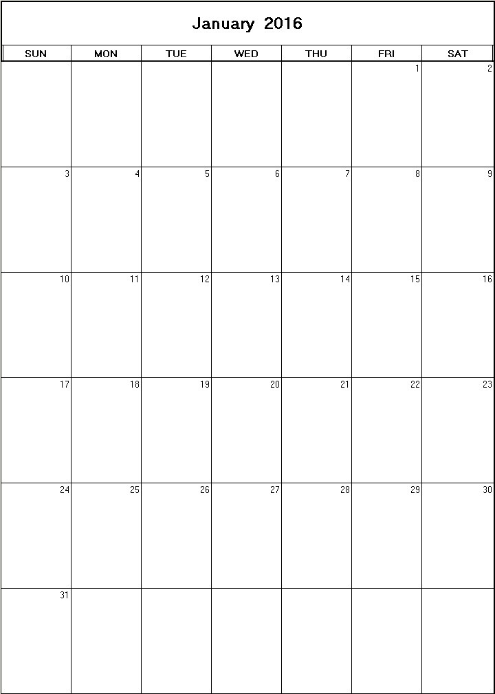 printable blank calendar image for January 2016