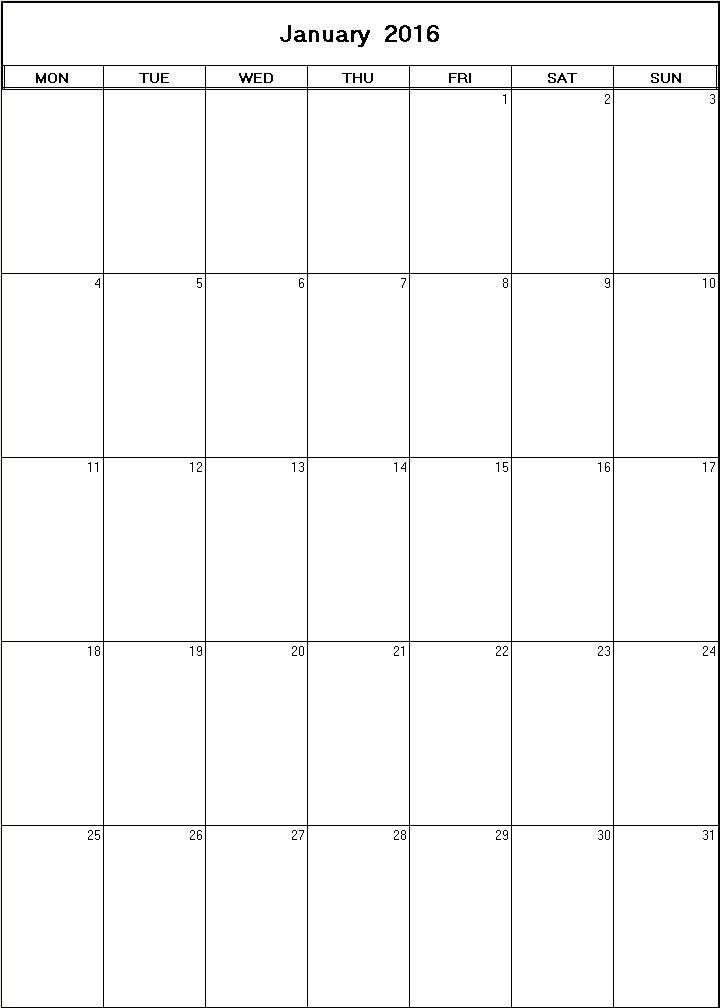 printable blank calendar image for January 2016