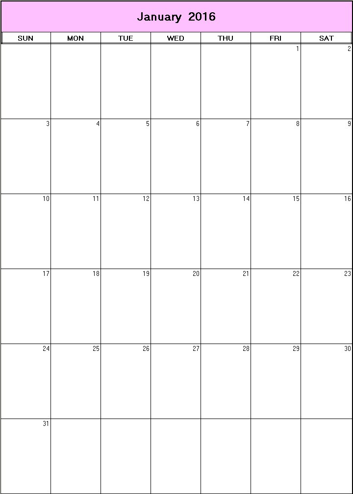 printable blank calendar image for January 2016