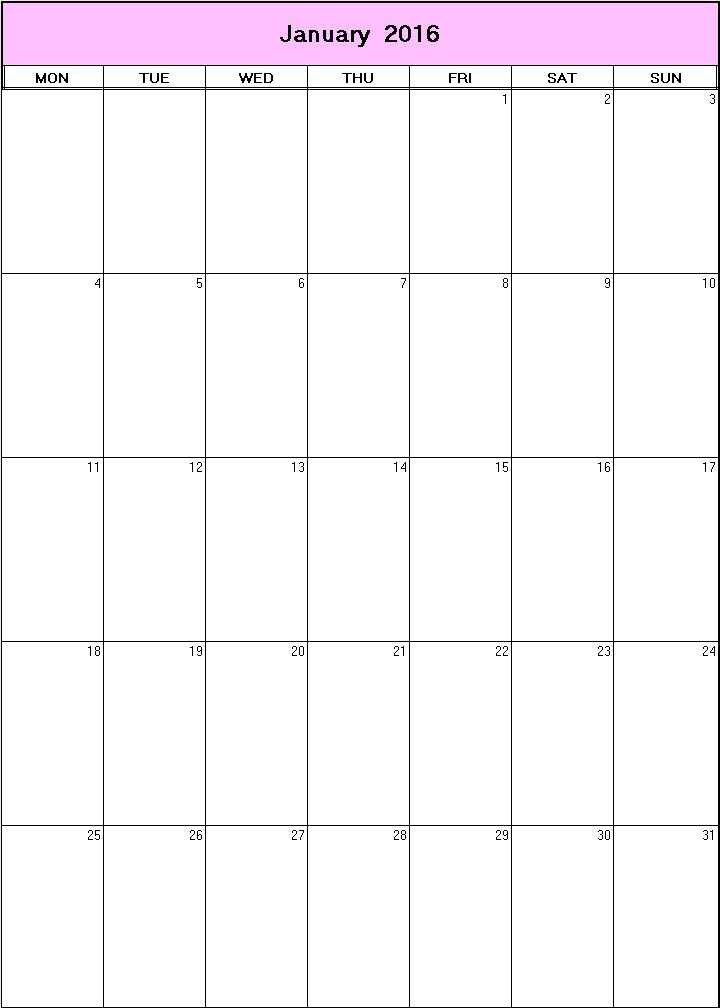 printable blank calendar image for January 2016
