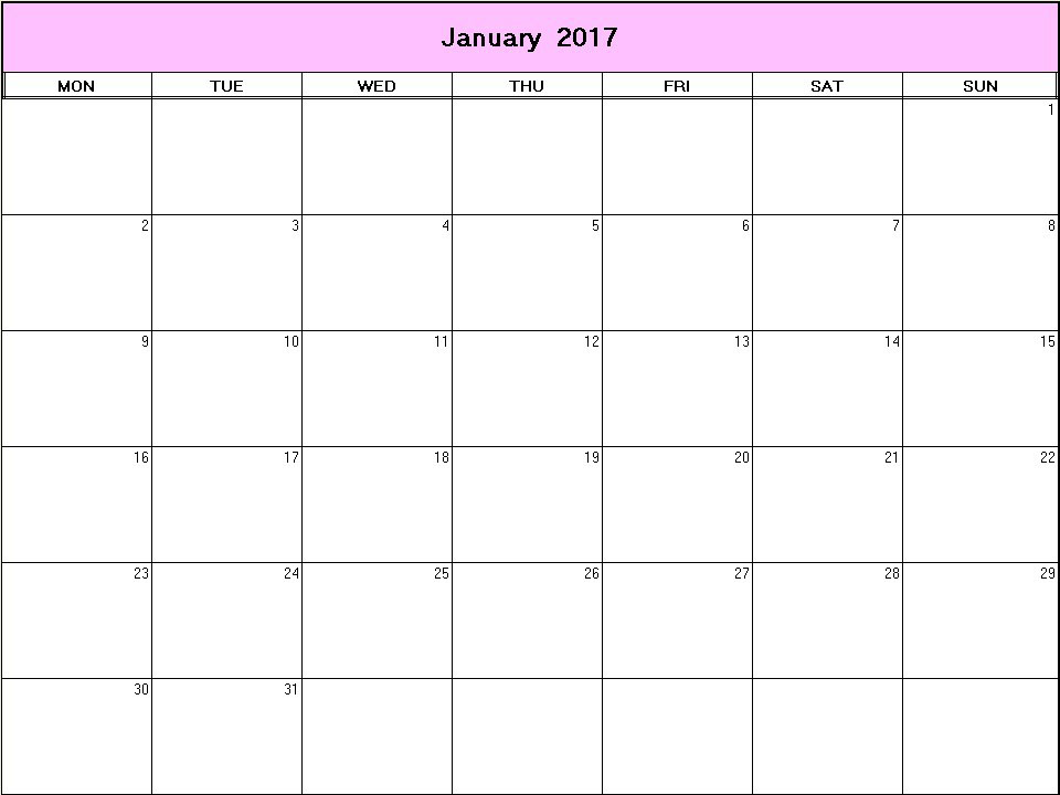 printable blank calendar image for January 2017