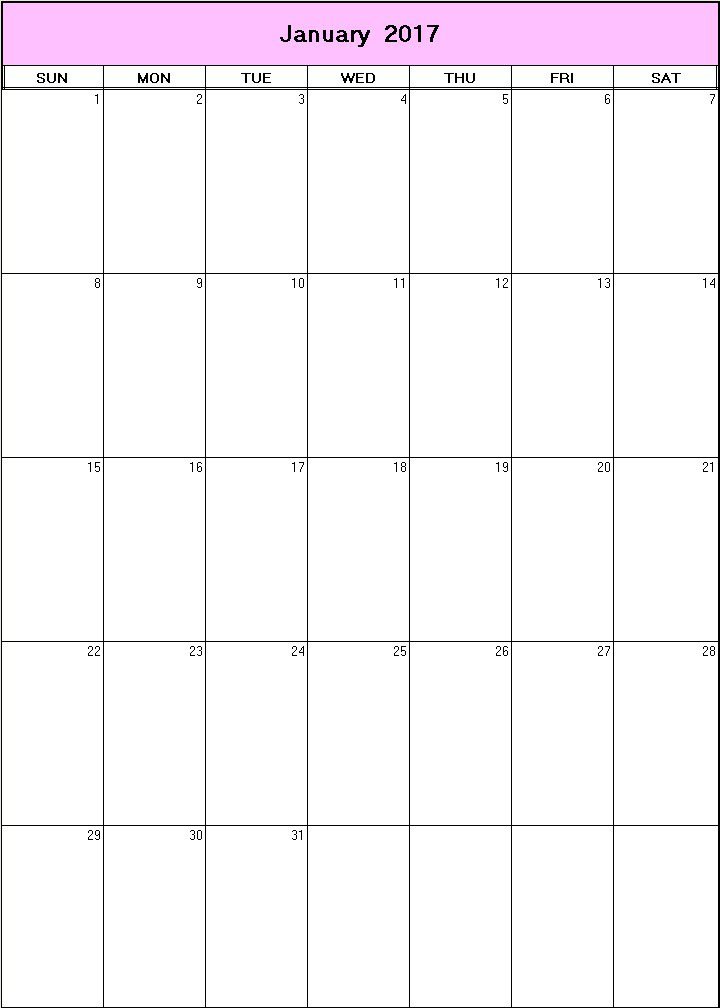 printable blank calendar image for January 2017