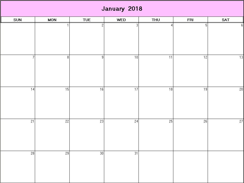 printable blank calendar image for January 2018