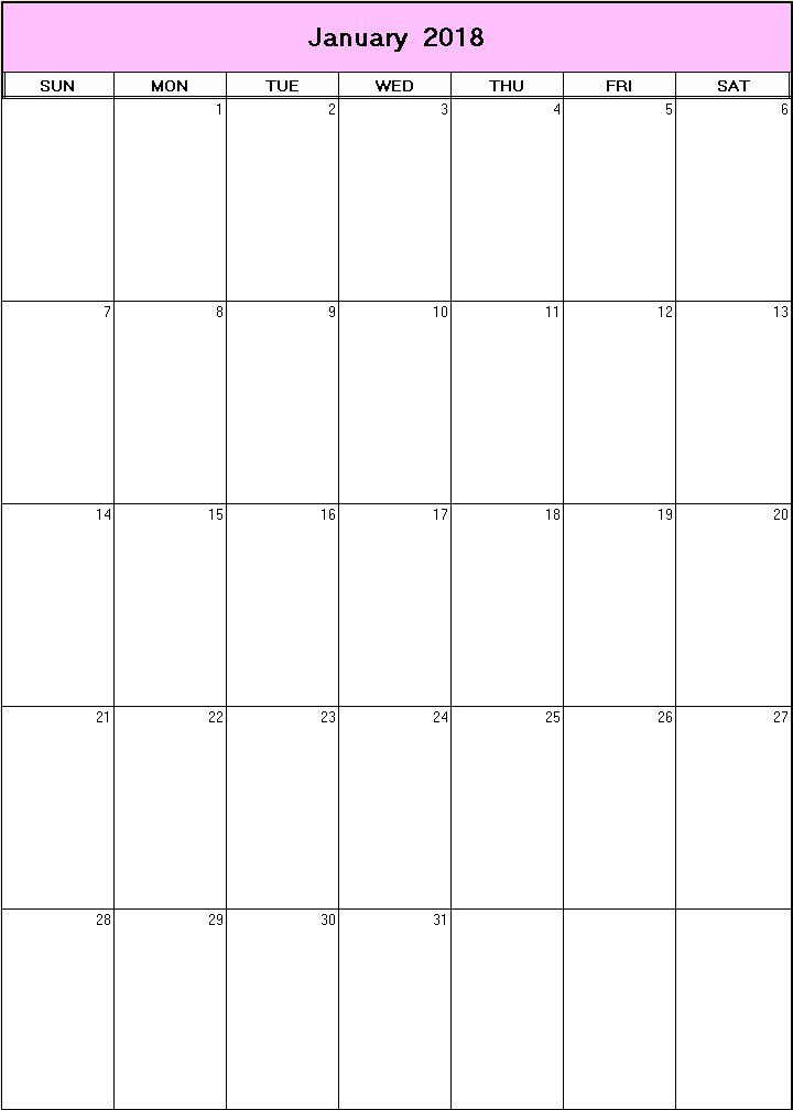 printable blank calendar image for January 2018