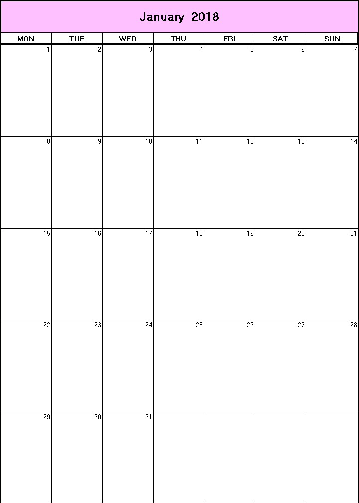 printable blank calendar image for January 2018