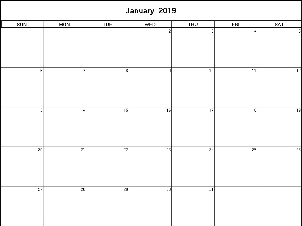 printable blank calendar image for January 2019