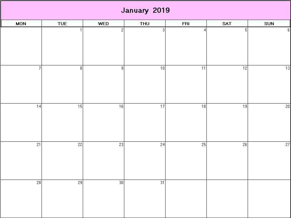 printable blank calendar image for January 2019