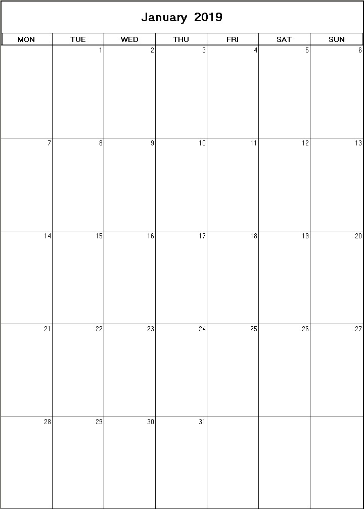 printable blank calendar image for January 2019