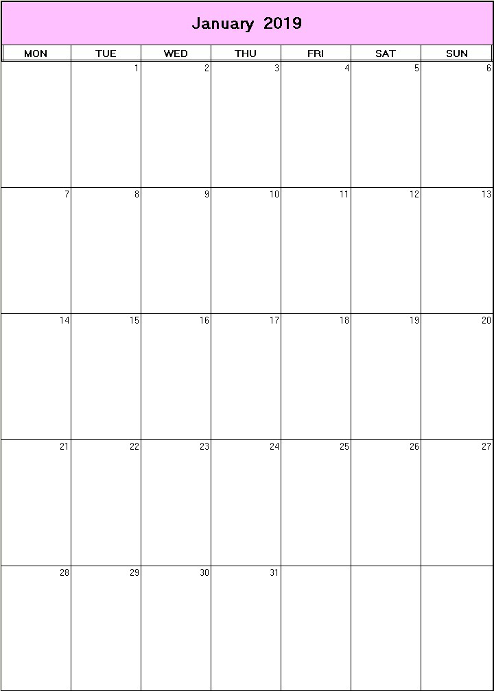 printable blank calendar image for January 2019