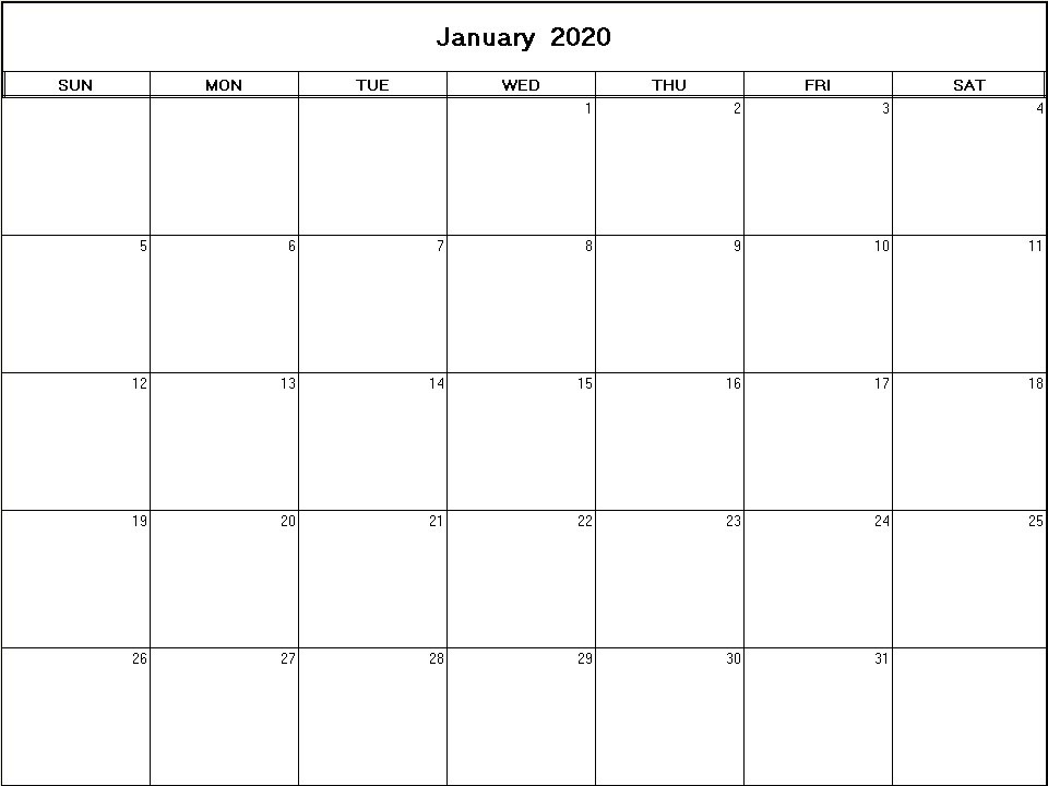 printable blank calendar image for January 2020