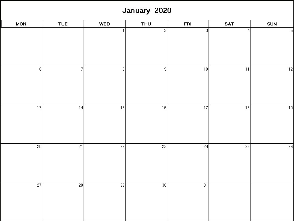printable blank calendar image for January 2020