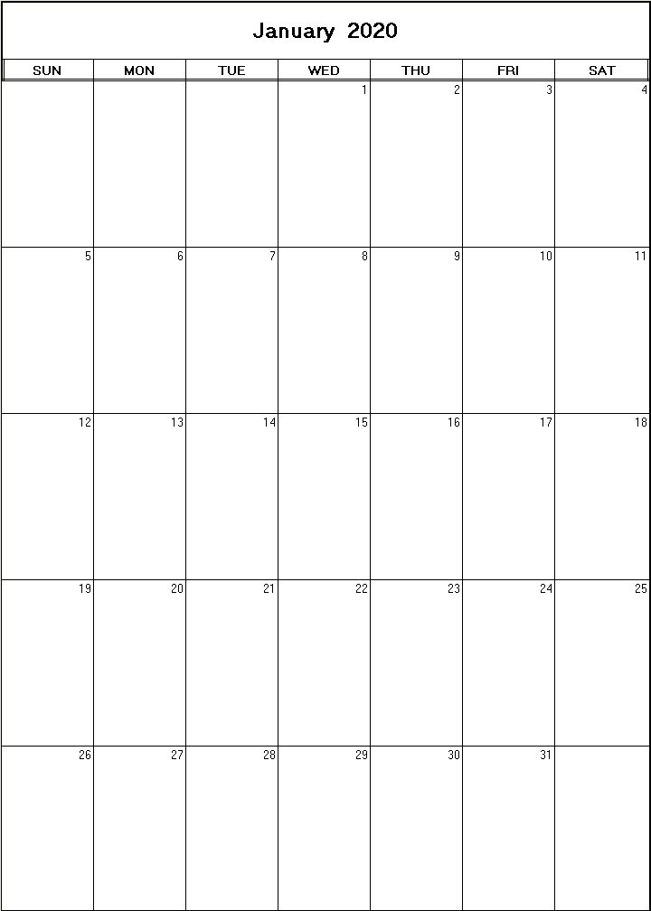 printable blank calendar image for January 2020