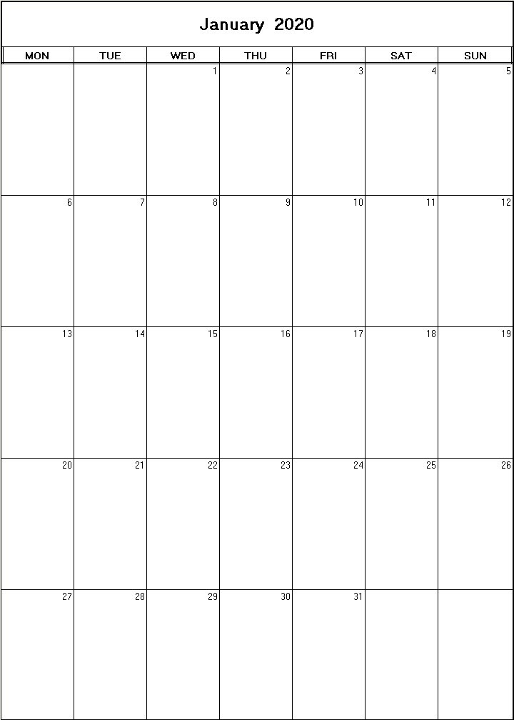 printable blank calendar image for January 2020