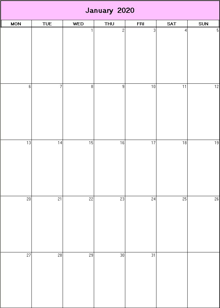 printable blank calendar image for January 2020