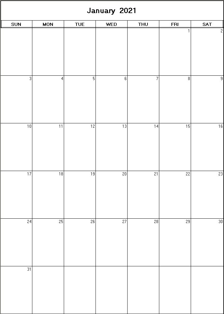 printable blank calendar image for January 2021