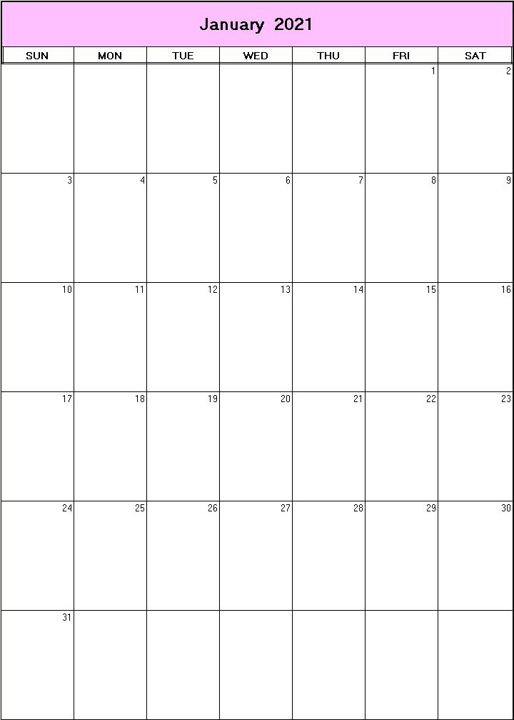 printable blank calendar image for January 2021