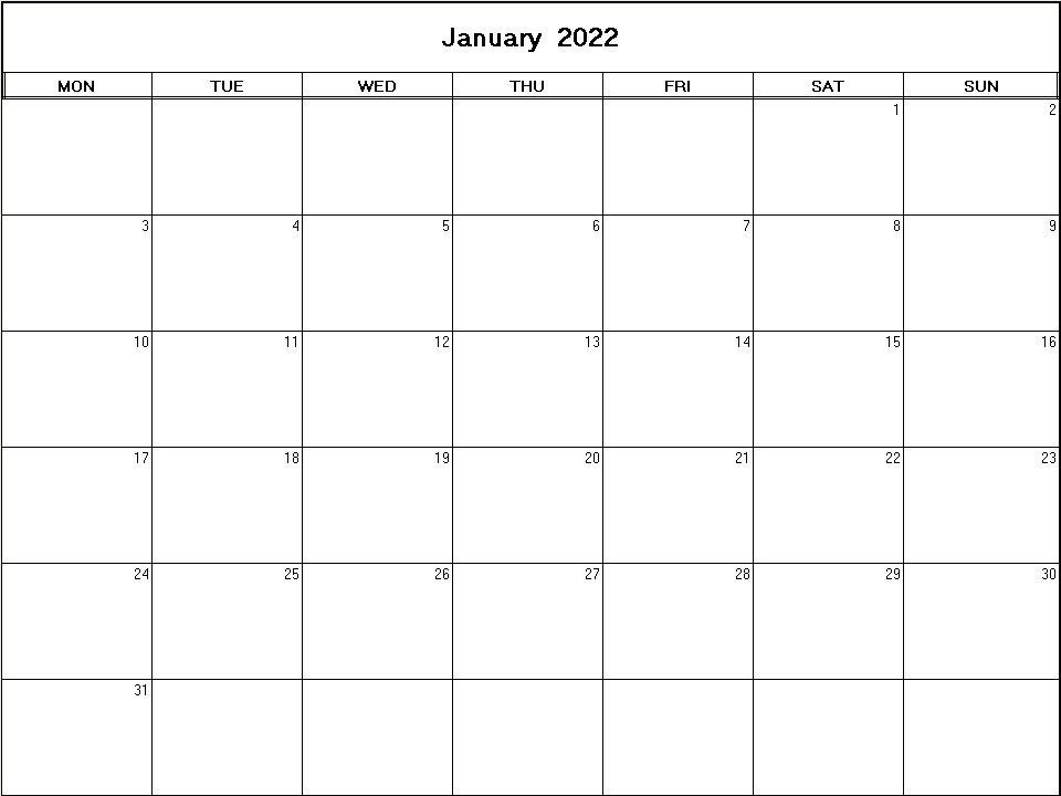 printable blank calendar image for January 2022