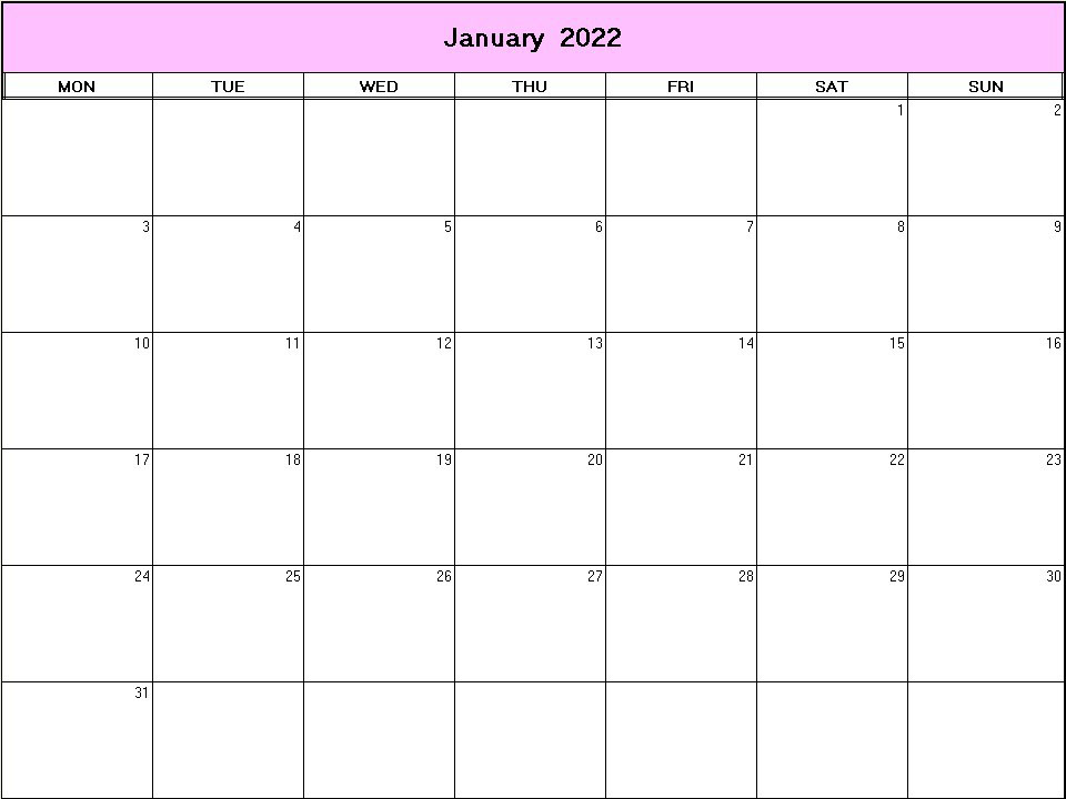 printable blank calendar image for January 2022