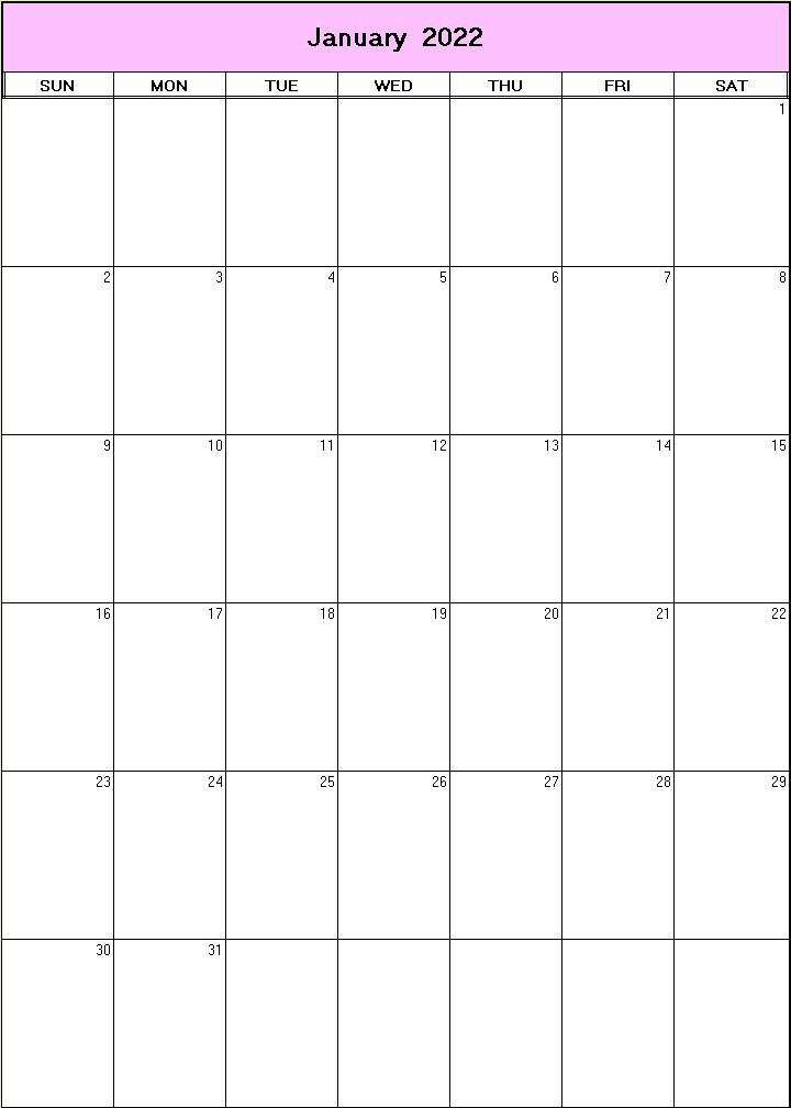 printable blank calendar image for January 2022