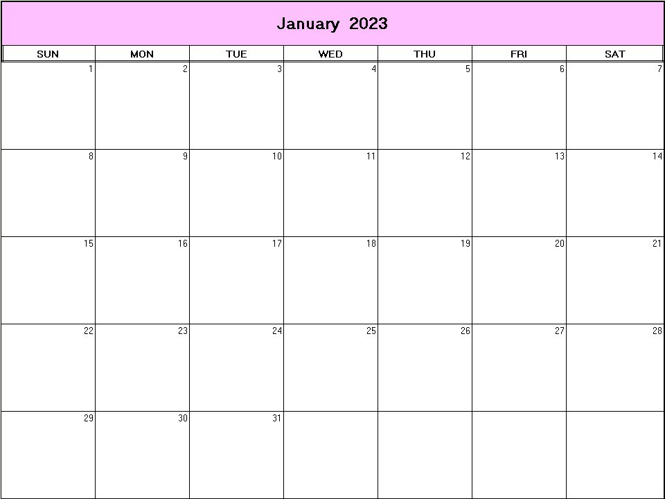 printable blank calendar image for January 2023