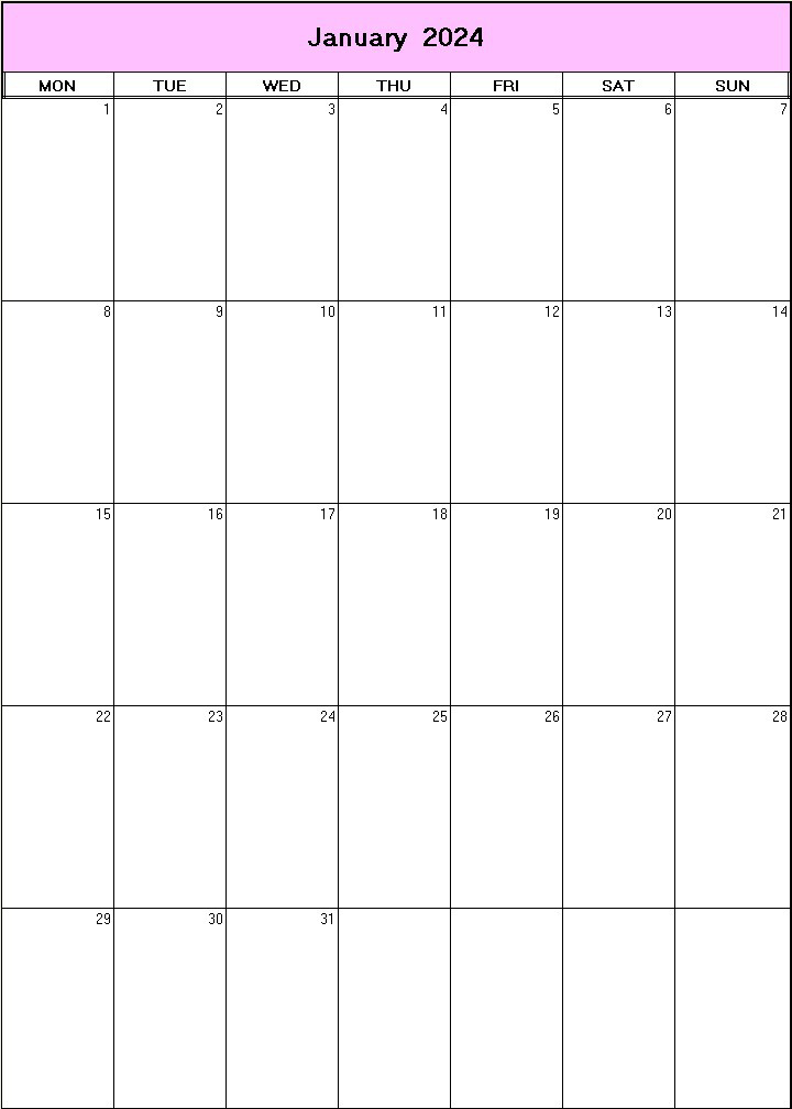 printable blank calendar image for January 2024