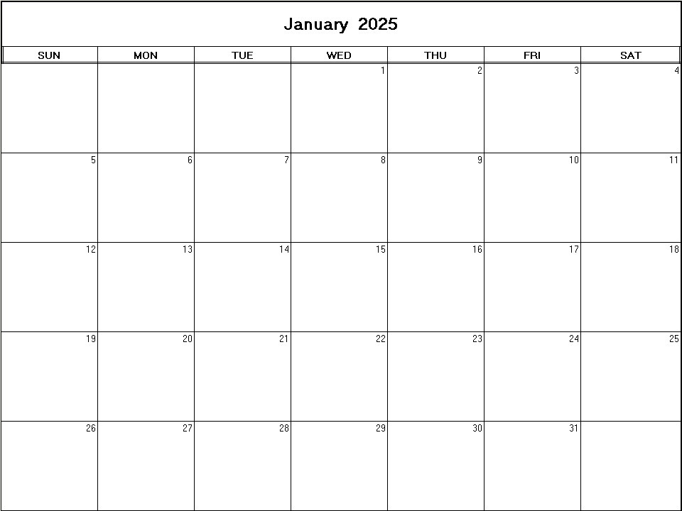 printable blank calendar image for January 2025