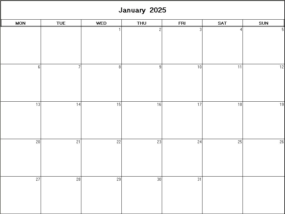 printable blank calendar image for January 2025